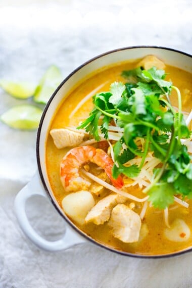 如何制作正宗的Laksa汤！ This Malaysian Coconut Curry Noodle Soup can be made with your choice of chicken, shrimp or tofu (or all) with rice noodles in the most fragrant coconut broth. Top with fresh bean sprouts, lime, cilantro.  Learn how to make authentic Laksa Paste from scratch, or use store-bought laksa paste- either way, you will love this! 